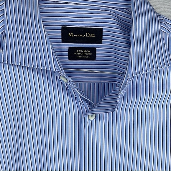MASSIMO Dutti Men’s Italian Easy Iron Button Dress Shirt 44 17.5 Blue Stripe - Picture 2 of 7
